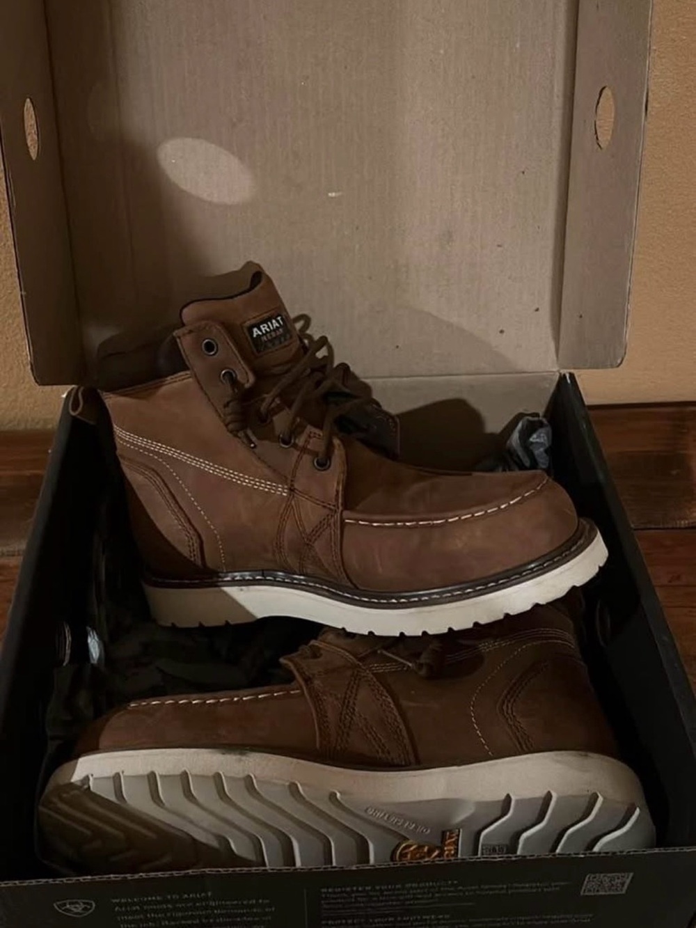 Ariat Brown Leather Moc Toe Work Boots with White Sole